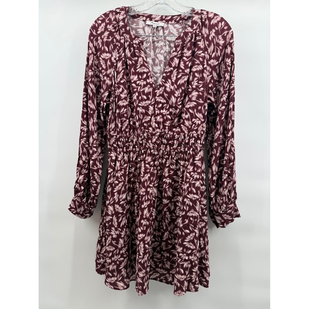 Madewell Burgundy Floral Smocked Waist V-Neck Long Sleeve Mini Dress Size M Boho